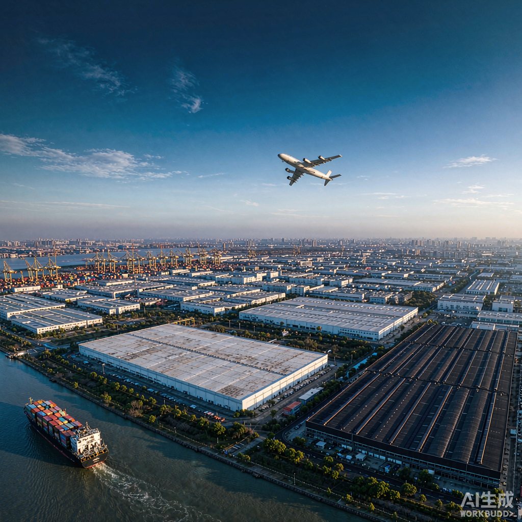 Sunlit aerial view of a manufacturing base and container terminal in Mainland China, with a cargo aircraft climbing into a clear blue sky