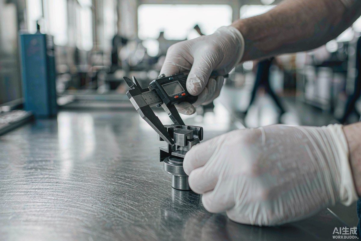 Quality inspector measuring a precision machined component with a digital caliper in a modern workshop